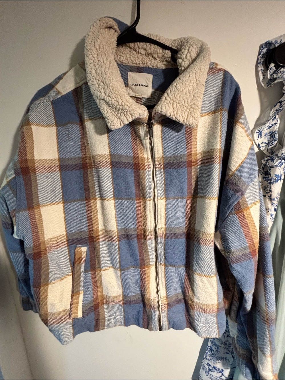 Lucky Brand Blue Cream and Brown Plaid Sherpa Collar Zip Jacket